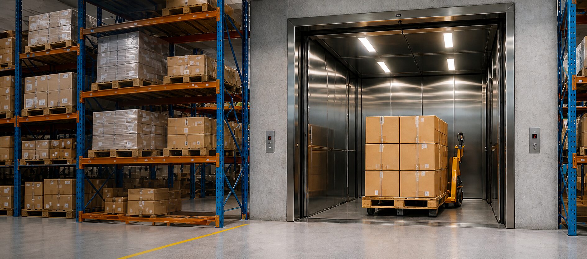 zeecon Industrial warehouse with freight elevator and pallets